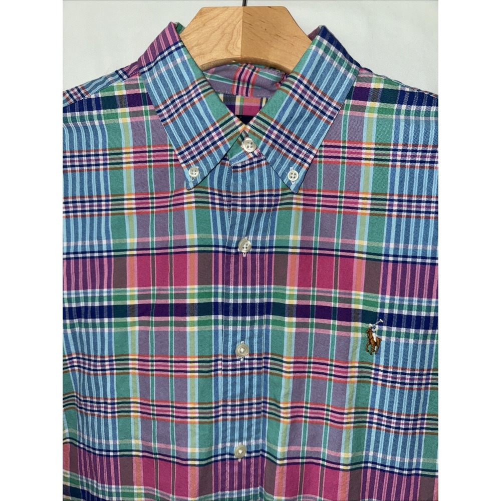 Ralph Lauren Shirt Mens Large Coral Green Plaid Button Up Long Sleeve PREPPY